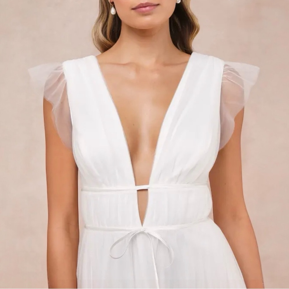 Lulu's White Plunge V-Neck Maxi Dress with Sheer Cap Sleeves - Picture 3 of 3